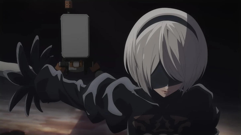 2B holding her weapon in a combat scene