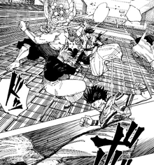Sukuna fighting Satoru Gojo alongside Mahoraga and Merged Beast Agito