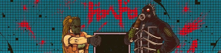 Two masked characters likely Shin and Noi from Dorohedoro