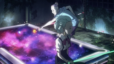 A woman with blonde hair looks on as an older man plays billiards on a table with a galaxy-themed surface in this scene from Death Parade.
