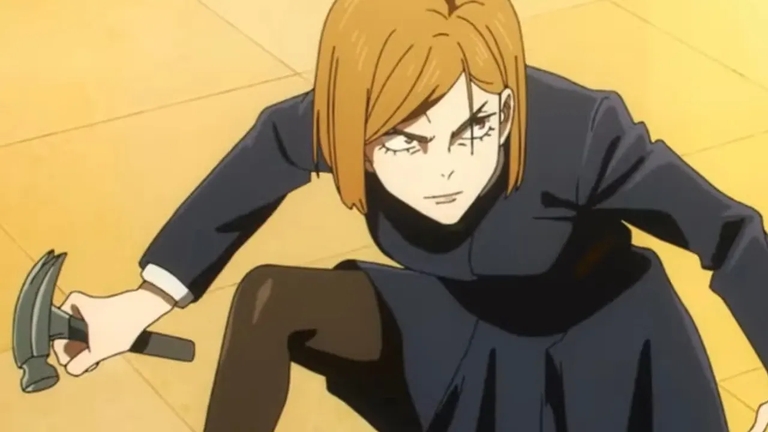 Nobara Kugisaki preparing her straw doll technique with hammer and nails