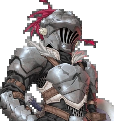 Goblin Slayer in his signature helmet and armor