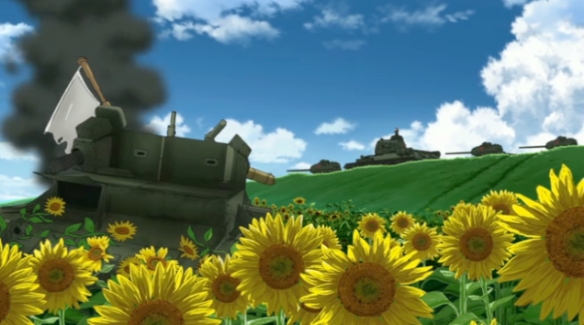 A damaged tank lies amidst a field of sunflowers in Girls und Panzer, with other tanks on a distant hill