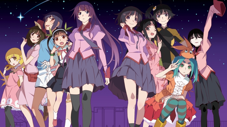 Ensemble cast of Monogatari characters under starry sky