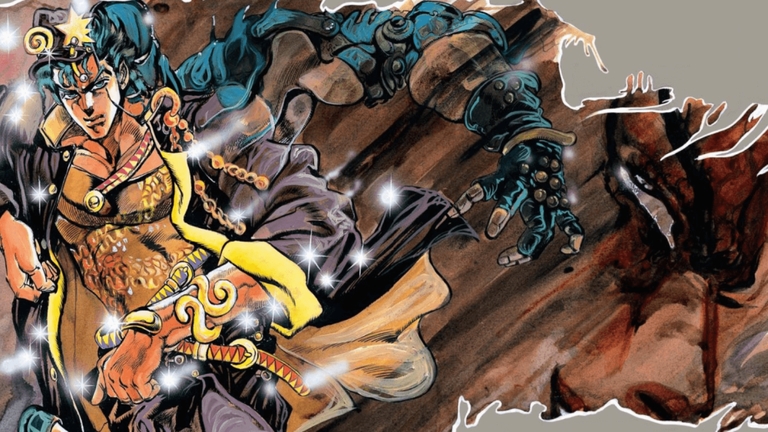 Jotaro Kujo and his Stand Star Platinum in an action pose
