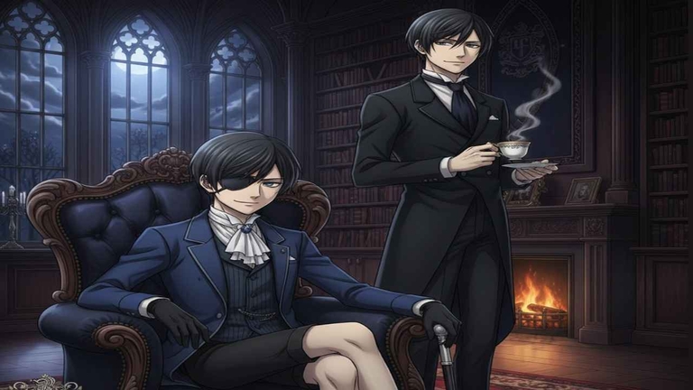 Ciel Phantomhive, wearing an eyepatch, sits in a lavish armchair as his demon butler Sebastian Michaelis stands behind him with a teacup in a richly decorated room from the anime series Black Butler.