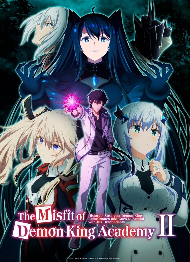 Promotional poster for The Misfit of Demon King Academy II featuring Anos Voldigoad and other key characters