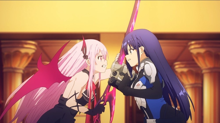 Kisara and Ayano confront each other with weapons drawn