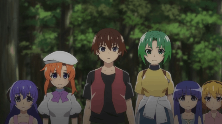 A group of characters from Higurashi: When They Cry – Gou stand together in a forest setting, with Rika Furude on the far left and Rena Ryuuguu prominently featured.