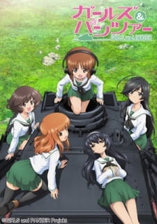 The main cast of Girls und Panzer, including Miho Nishizumi in the center, pose on a tank