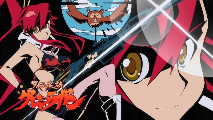 Yoko Littner aiming her rifle with her signature owl-like creature on the scope in Tengen Toppa Gurren Lagann promotional art.