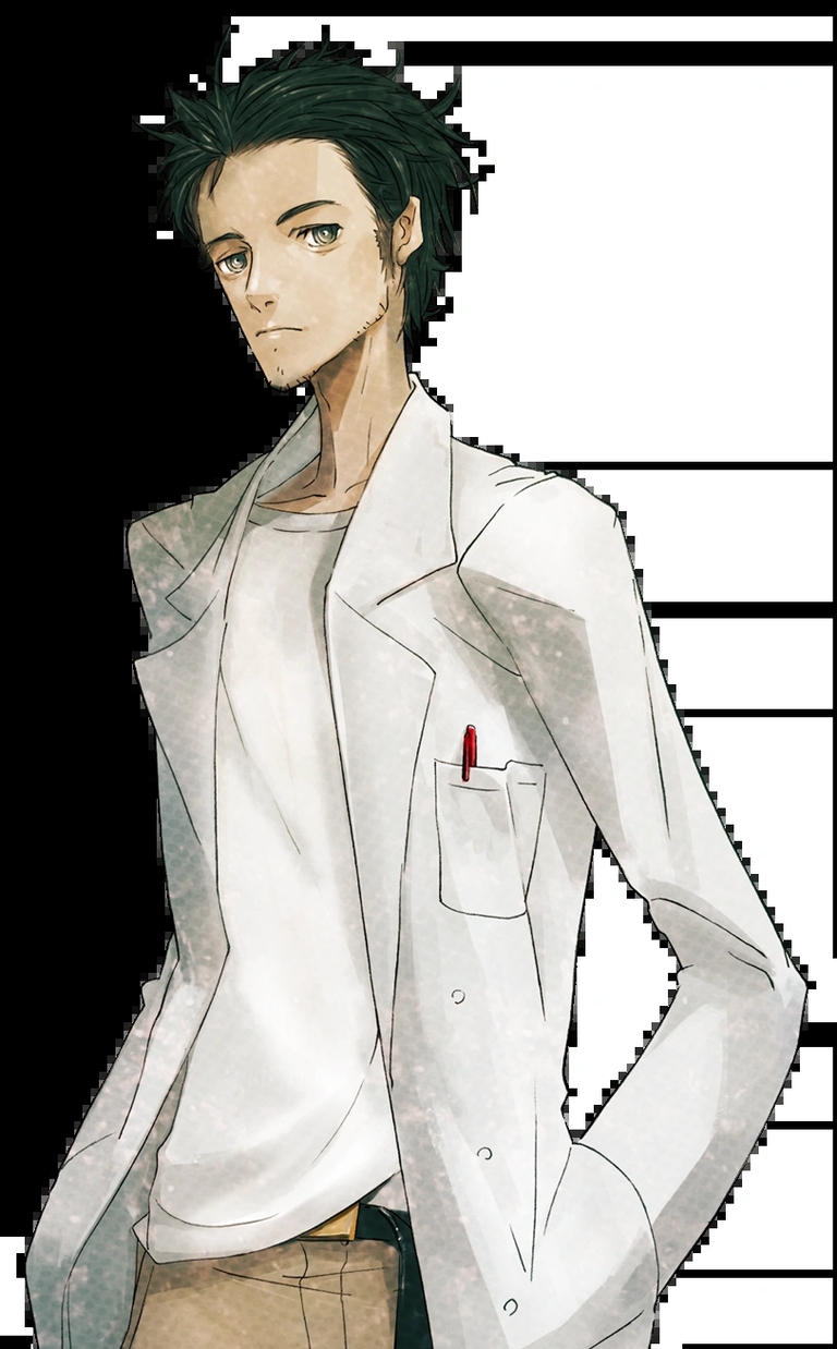 Rintaro Okabe as Hououin Kyouma in his lab coat