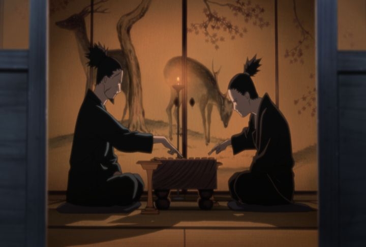 Shikamaru Nara plays a game of shogi with his father, Shikaku Nara, during a poignant scene discussing grief and responsibility in Naruto Shippuden.