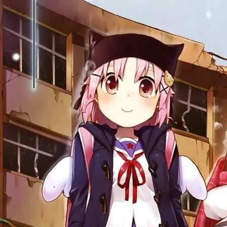 Yuki Takeya, a character from Gakkou Gurashi!, is depicted with her signature pink hair and cat-ear hat.