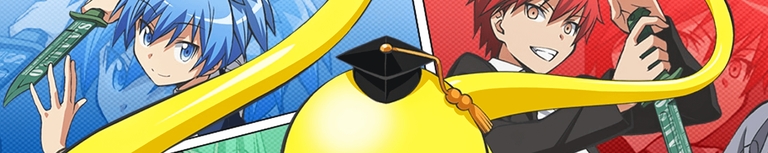 Nagisa Shiota and Karma Akabane brandishing anti-teacher daggers alongside Korosensei in the Assassination Classroom anime.