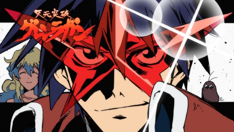 Kamina looking confident in his signature red glasses, with Simon and Yoko Littner in the background from Tengen Toppa Gurren Lagann.