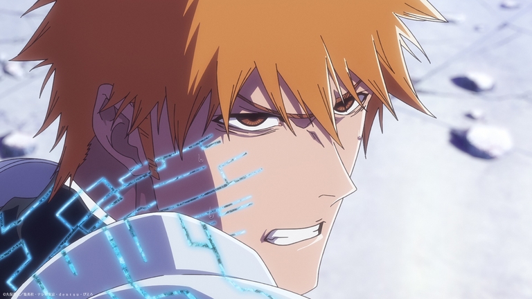 Ichigo Kurosaki with intense expression and glowing blue energy marks during a battle in Bleach: Thousand-Year Blood War.