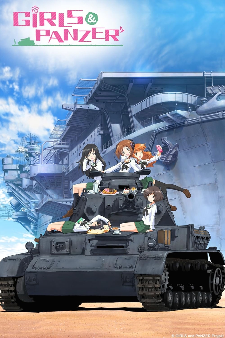 The main cast of Girls und Panzer poses on top of a tank with a large aircraft carrier in the background