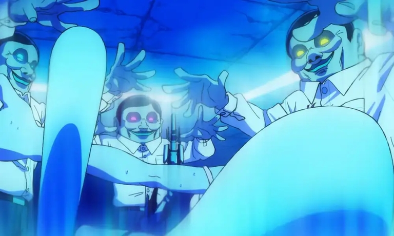 The creepy Serpo aliens surrounding their target in a scene from the Dan Da Dan anime.