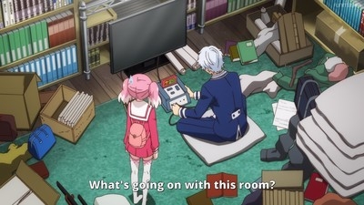 Nana and Kyoya are in a messy room in Talentless Nana, with Nana looking at a device.