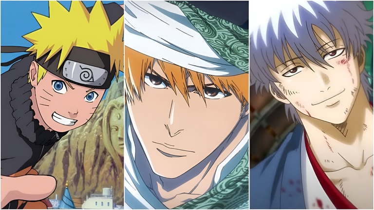 A collage featuring Naruto Uzumaki, Ichigo Kurosaki, and Gintoki Sakata representing the big shonen series