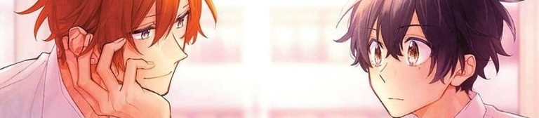 Shumei Sasaki (left) and Yoshikazu Miyano (right) from the anime series "Sasaki and Miyano" look at each other, with Sasaki smiling gently and Miyano appearing thoughtful.