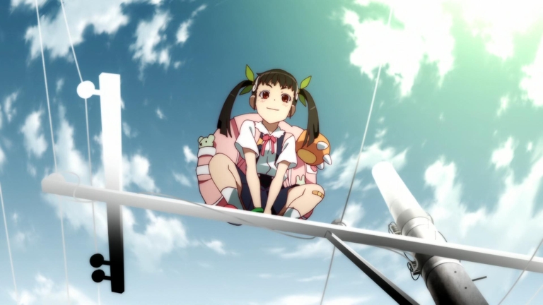 Hachikuji Mayoi sitting on utility pole