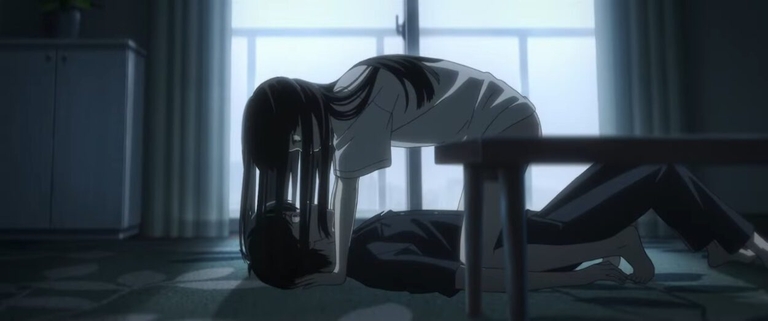 Kaoru and Anzu are shown in a dimly lit room in The Tunnel to Summer, the Exit of Goodbyes