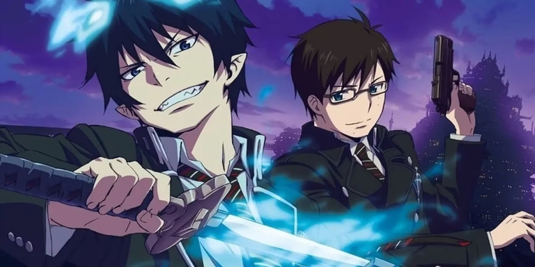 Rin Okumura unsheathing the Kurikara sword alongside his brother Yukio Okumura in the Blue Exorcist anime.