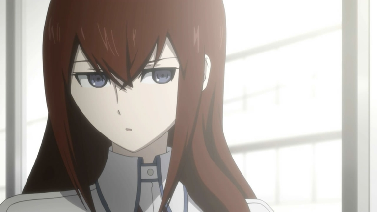 Makise Kurisu, a brilliant scientist and key character in the Steins;Gate anime, shown in a close-up.