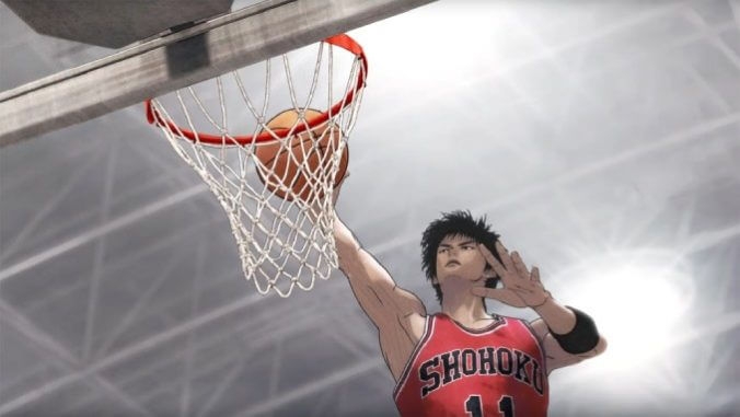 Takenori Akagi of the Shohoku team performs a dunk in the anime film The First Slam Dunk.