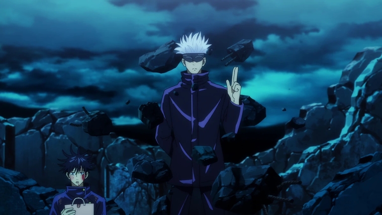 Satoru Gojo using his Cursed Technique Limitless with Megumi Fushiguro in the background, surrounded by rubble in Jujutsu Kaisen.