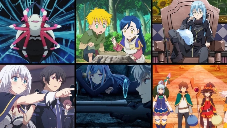 A collage of screenshots featuring characters from various reincarnation-themed anime including Kumoko from So I'm a Spider, So What?, Myne from Ascendance of a Bookworm, and Rimuru from That Time I Got Reincarnated as a Slime
