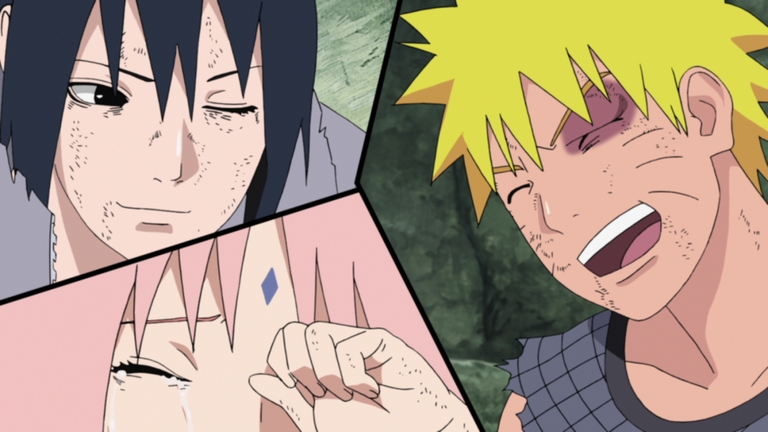 Naruto Uzumaki, Sasuke Uchiha, and Sakura Haruno sharing an emotional moment during the final battle of Naruto Shippuden.
