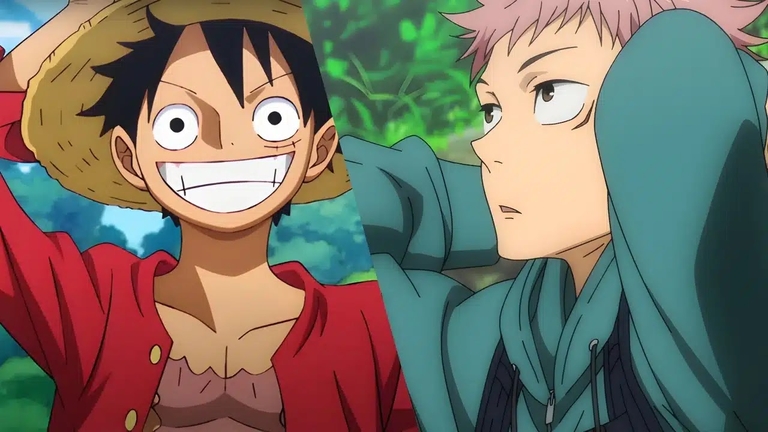 Split comparison showing Monkey D Luffy and Yuji Itadori side by side