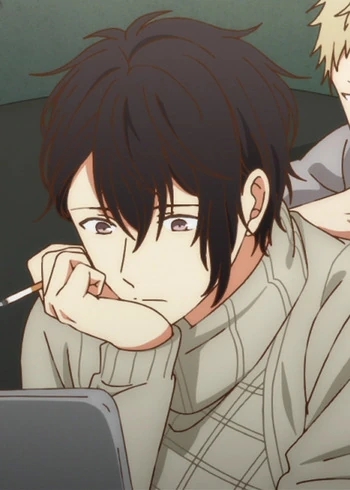 Ugetsu Murata looking pensive with a cigarette, with Akihiko visible in the background from the Given anime.