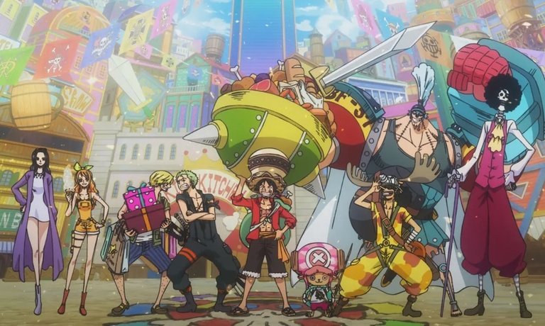 The Straw Hat Pirates in a vibrant city setting