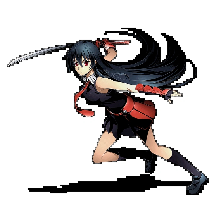 Akame lunging forward with Murasame in combat pose