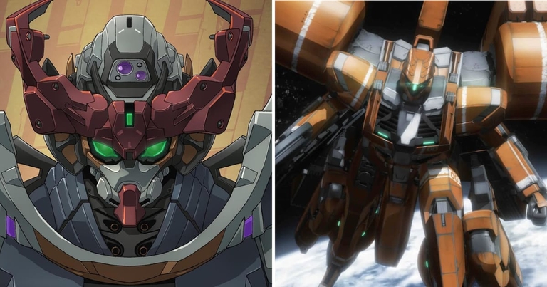 Promotional art showing mecha from Mobile Suit Gundam GQuuuuuuX alongside the orange mecha from I'm the Evil Lord of an Intergalactic Empire