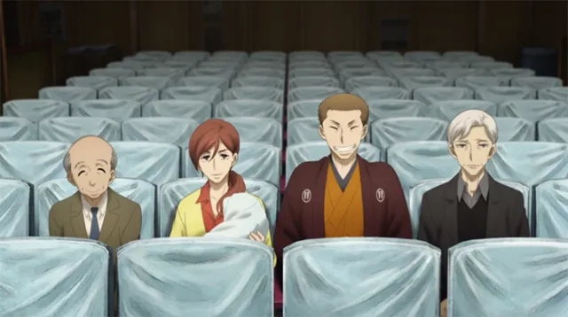 Characters sitting in empty theater