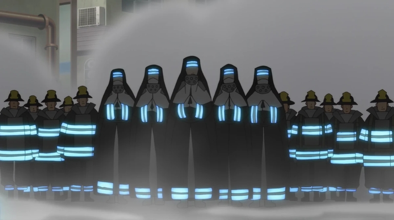 Fire Force members in field uniforms