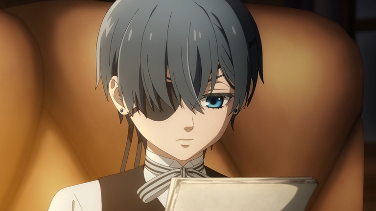 Ciel Phantomhive appearing in his noble attire with his signature black eyepatch during a scene from the Black Butler anime series.