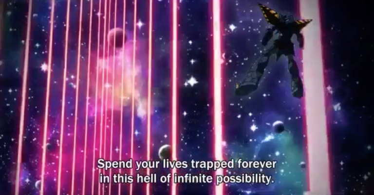 The Lazengann standing within the Multi-Dimensional Labyrinth, described as a hell of infinite possibility by the Anti-Spiral.