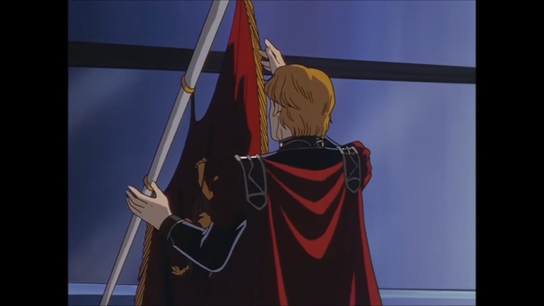 A character in a red and black uniform with a cape raises a dark red flag with gold trim, likely from a political or military anime.