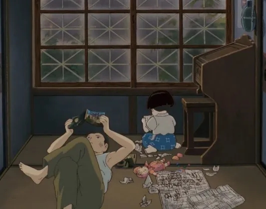 Seita and Setsuko spending time together inside their relative's home in a scene from Studio Ghibli's Grave of the Fireflies.