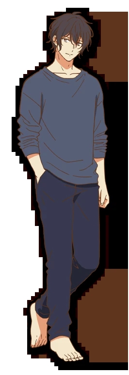 Ugetsu Murata in his comfortable navy loungewear and bare feet, as depicted in the Given anime series.