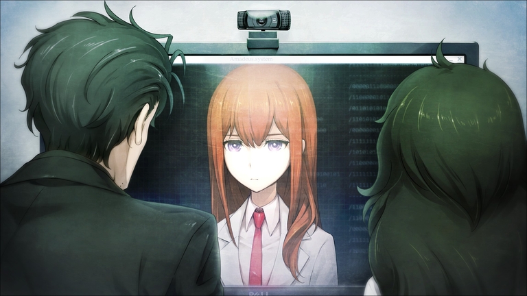 Okabe and Maho observing the Amadeus AI