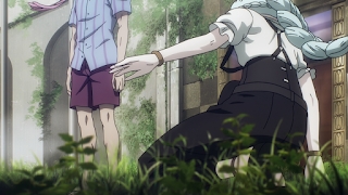 In a garden setting, a woman with light blue braided hair reaches out towards a standing man in this scene from an anime.