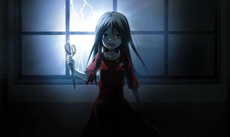Sachiko in her red dress holding bloody scissors with lightning behind her