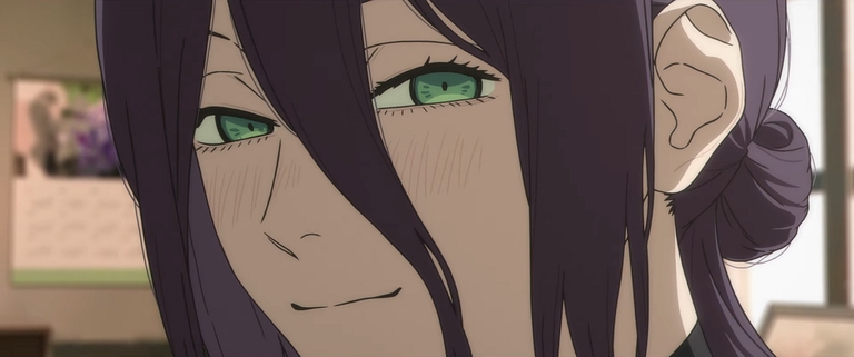 Reze, with her characteristic smirk and green eyes, is depicted in a close-up shot from the Chainsaw Man anime.